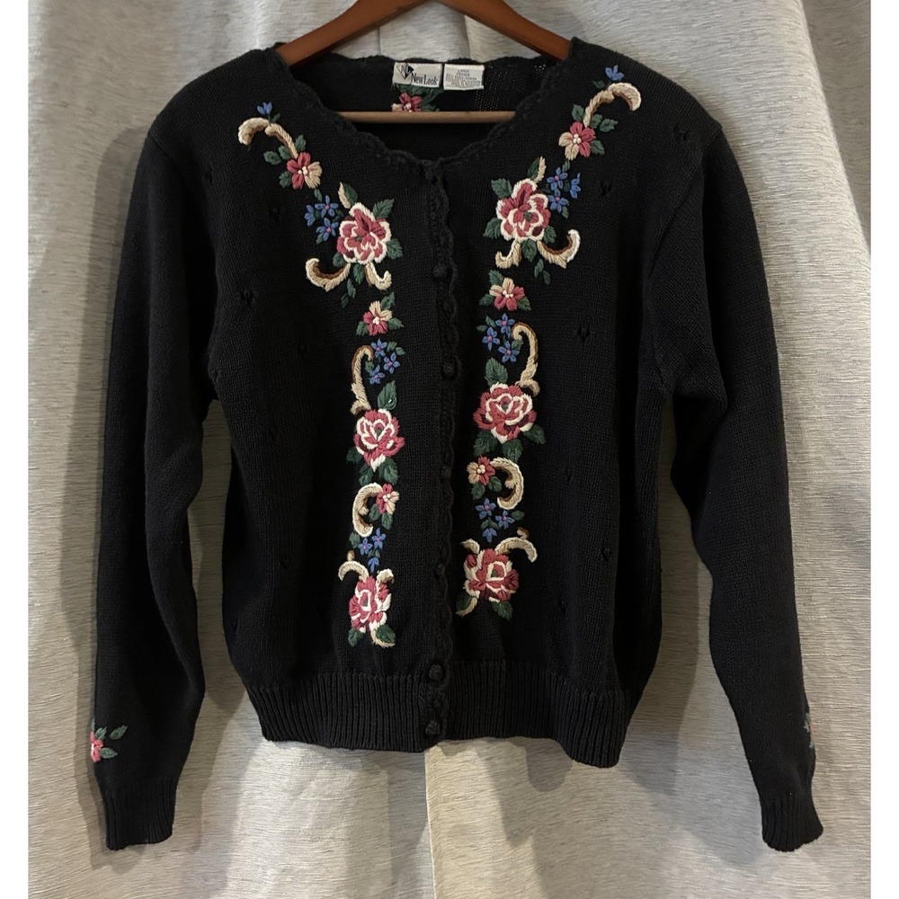 New Look Vintage Embroidered Floral Cardigan Black Y2K Cottagecore Sweater L